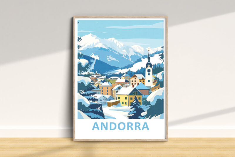 Andorra winter village poster with snowy mountains.