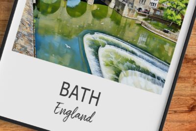 Pulteney Bridge and weir in Bath, England illustration.