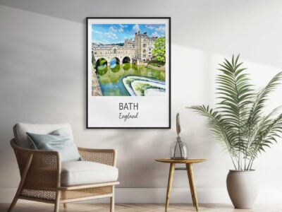 Decorative framed art of Bath, England on wall