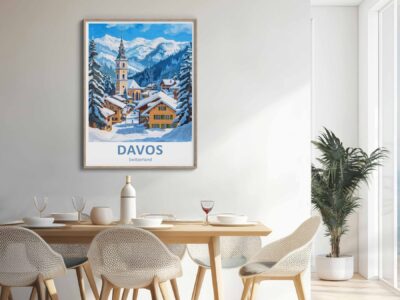 Poster of snowy Davos, cozy dining area setup.