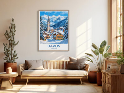 Cozy living room with Davos Switzerland poster