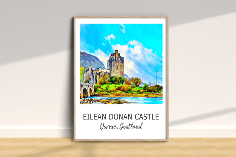 Framed Eilean Donan Castle artwork on wall