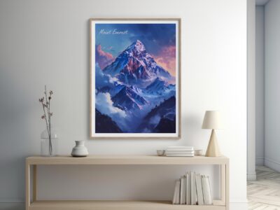 Mount Everest painting on wall in minimalist room.