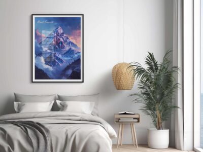 Bedroom with Mount Everest art piece.