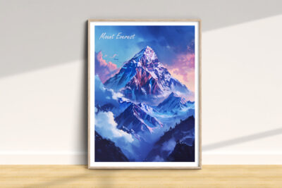 Mount Everest painting in wooden frame on floor
