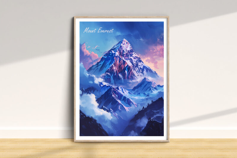 Mount Everest painting in wooden frame on floor