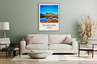 Living room with The Highlands Scotland poster