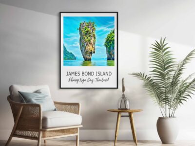Framed James Bond Island art in modern living room.