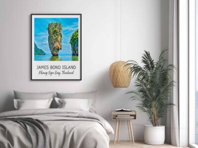 Bedroom with James Bond Island artwork on wall.