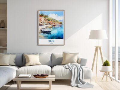Living room with Kos, Greece painting on wall.