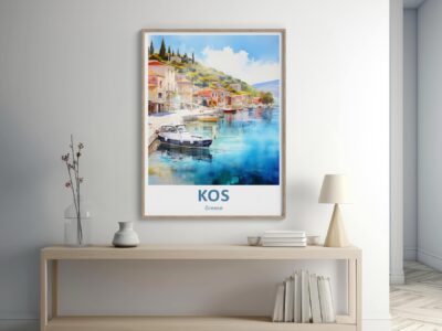 Framed Kos, Greece poster in modern room.