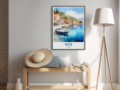 Decorative poster of Kos, Greece, with hat and lamp.