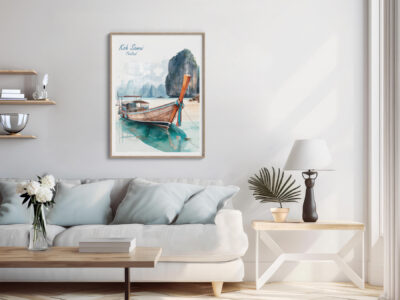 Cozy living room with tropical boat artwork.