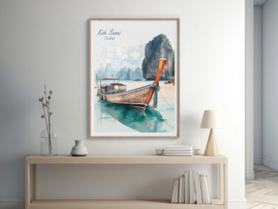 Framed Thailand beach painting in modern living room.