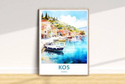 Framed painting of Kos, Greece coastline and boats.