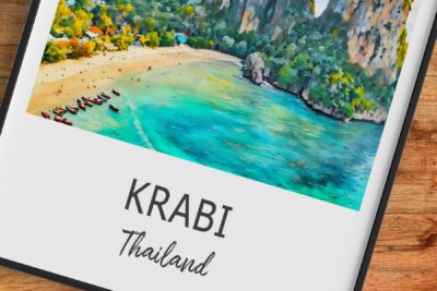 Aerial view of Krabi beach, Thailand, vibrant colors.