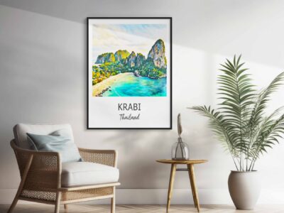 Framed Krabi Thailand art in modern living room.