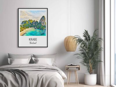 Krabi beach painting in modern bedroom decor.