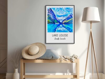 Lake Louise art print in modern room setting.