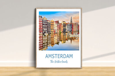 Amsterdam cityscape artwork in wooden frame