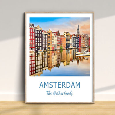 Amsterdam cityscape artwork in wooden frame