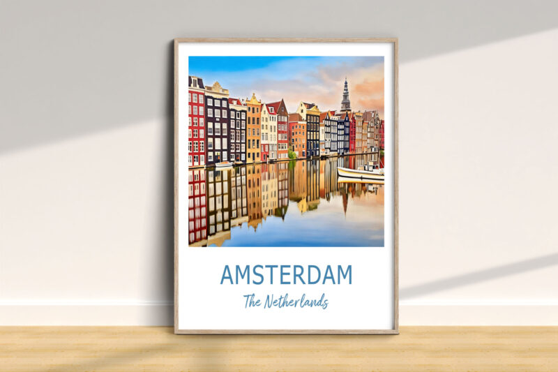Amsterdam cityscape artwork in wooden frame