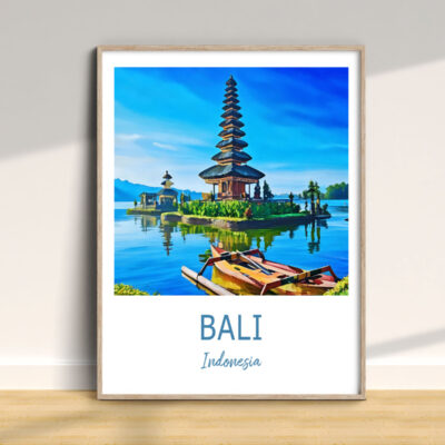 Framed Bali temple artwork with lake reflections.