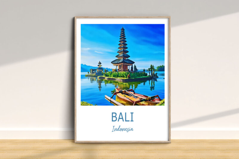 Framed Bali temple artwork with lake reflections.
