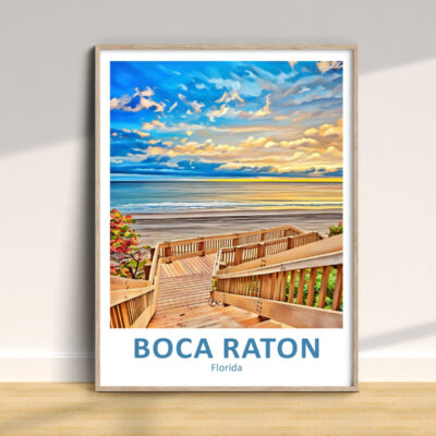 Framed Boca Raton beach artwork on display.