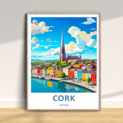 Cork cityscape illustration, colorful houses and cathedral.