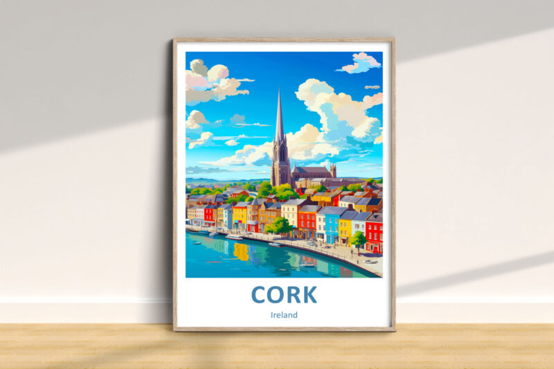 Cork cityscape illustration, colorful houses and cathedral.
