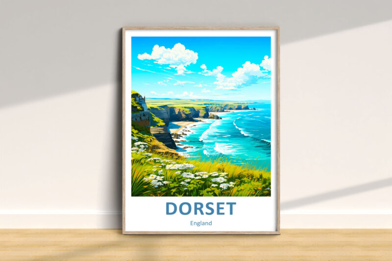 Colorful Dorset coast illustration in a frame.