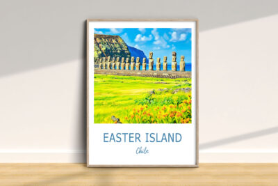 Easter Island Moai statues in landscape painting