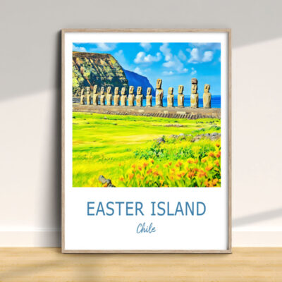 Easter Island Moai statues in landscape painting