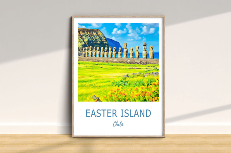 Easter Island Moai statues in landscape painting