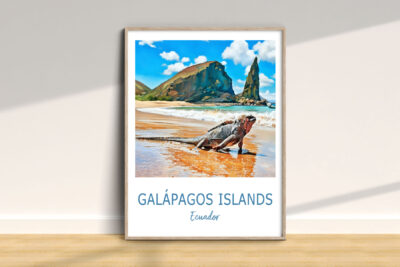 Galápagos Islands poster with iguana on beach