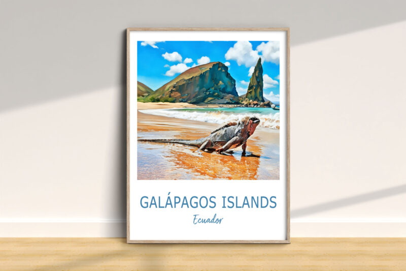 Galápagos Islands poster with iguana on beach
