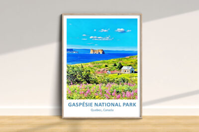 Gaspésie National Park poster, colorful landscape illustration.