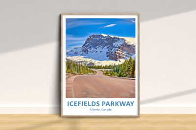 Icefields Parkway painting in frame on wall