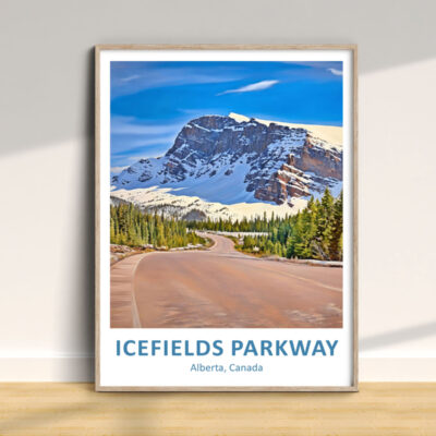 Icefields Parkway painting in frame on wall