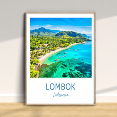Lombok beach with boats and mountains view