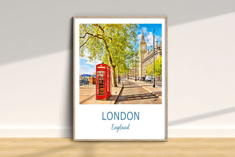 London street with red phone booth and Big Ben.