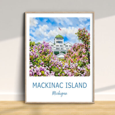 Mackinac Island artwork with blooming flowers.