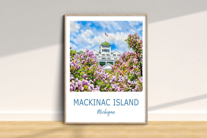 Mackinac Island artwork with blooming flowers.