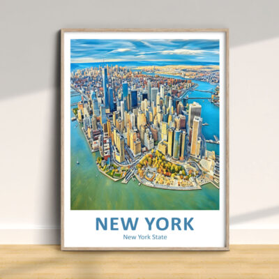 Framed New York aerial cityscape poster on wall.