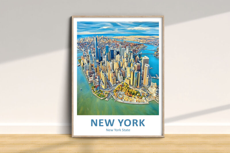 Framed New York aerial cityscape poster on wall.