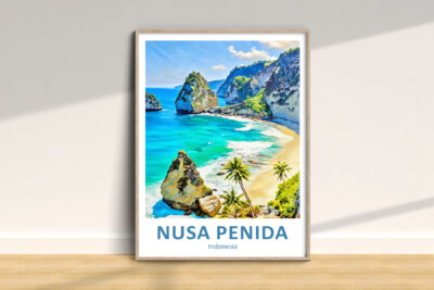 Nusa Penida beach poster with cliffs and ocean.