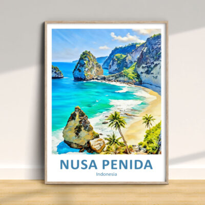 Nusa Penida beach poster with cliffs and ocean.