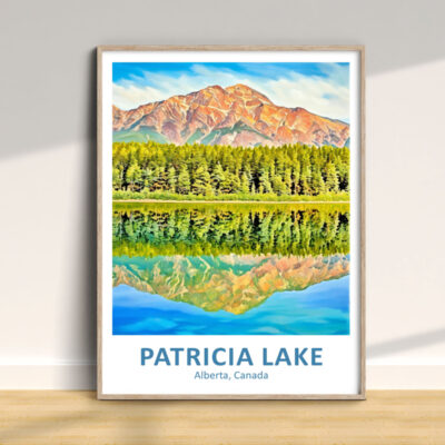 Framed Patricia Lake landscape painting, Alberta, Canada