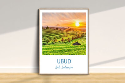 Framed sunset over rice fields in Ubud, Bali.